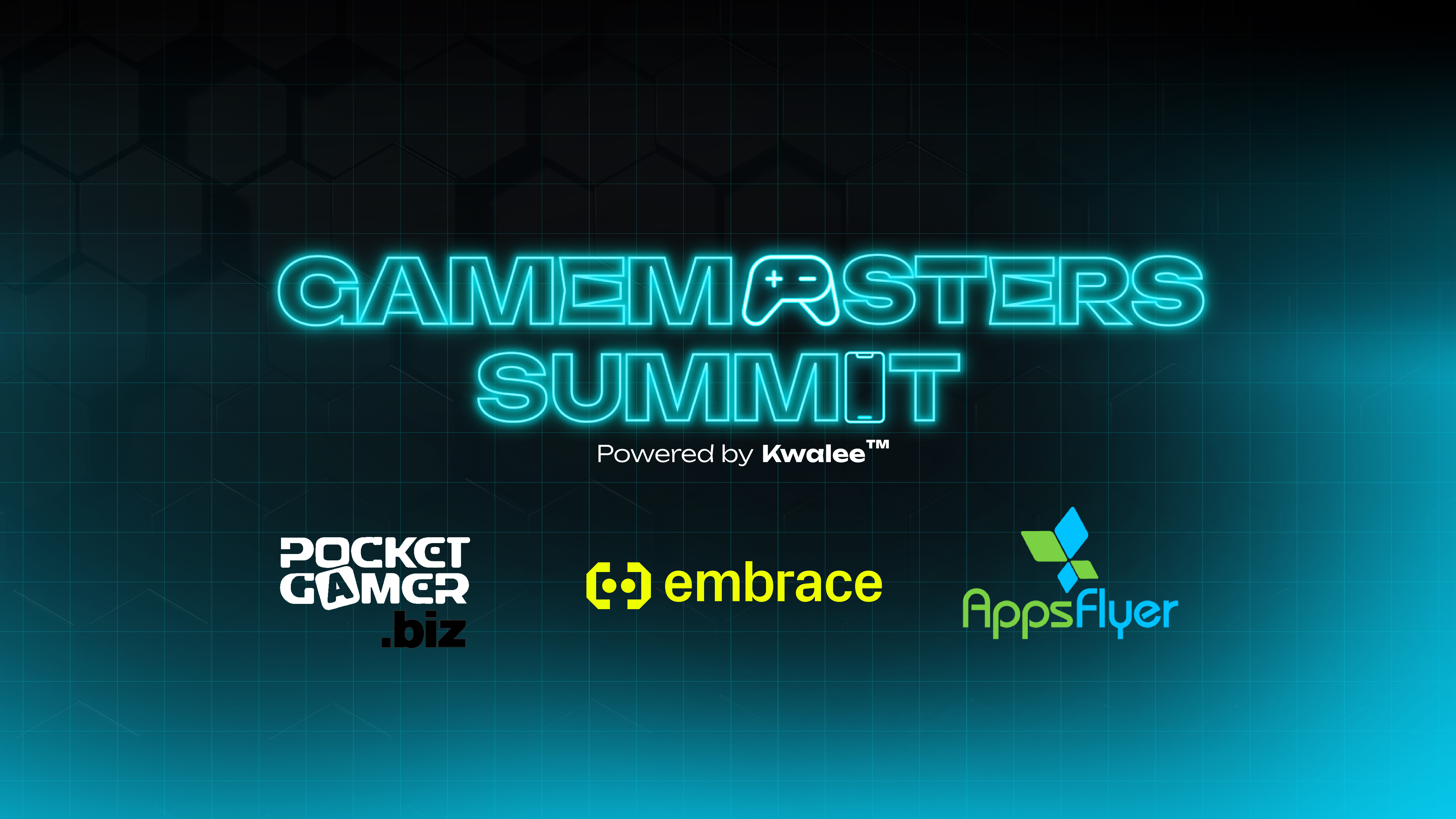 This image shows a pixelated light blue and dark blue background with "Gamemasters Summit" title in blue bold, with a playstation control in the middle of 'masters', "powered by Kwalee" underneath in bold white. Logos of sponsors PocketGamer.biz, AppsFlyer and Embrace also present.