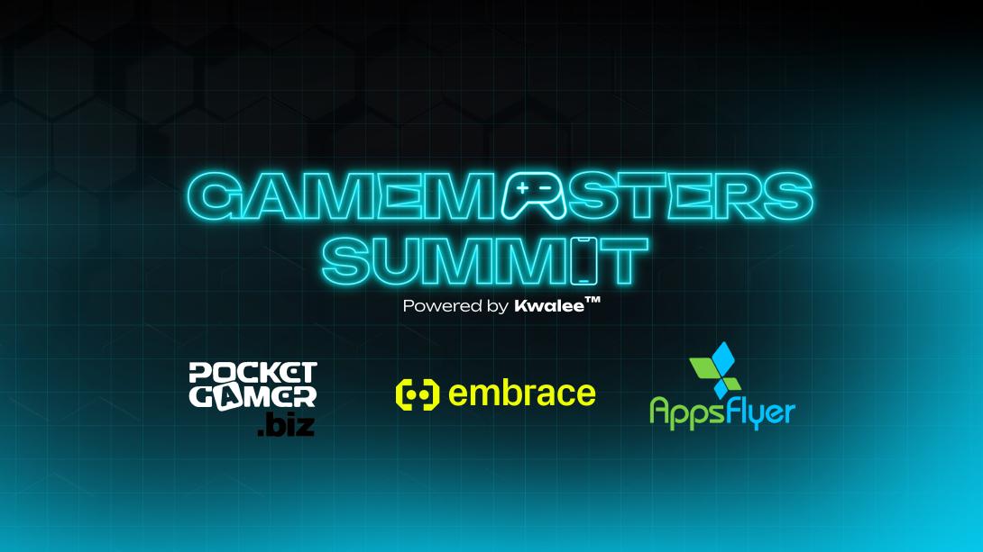 This image shows a pixelated light blue and dark blue background with "Gamemasters Summit" title in blue bold, with a playstation control in the middle of 'masters', "powered by Kwalee" underneath in bold white. Logos of sponsors PocketGamer.biz, AppsFlyer and Embrace also present.