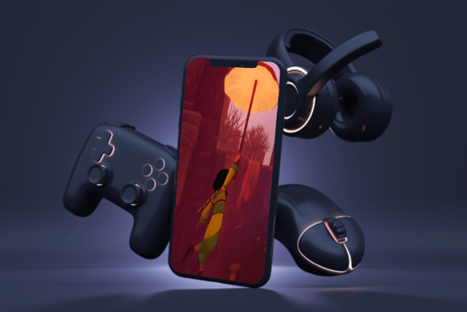 A mobile phone with with the mobile version of video game on the dark background with console pad and gaming headset behind