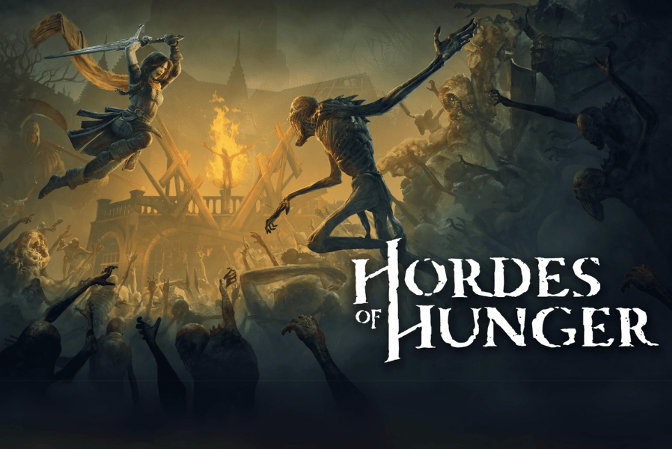 The image shows a dramatic scene from "Hordes of Hunger." A warrior in armor leaps with a raised sword, surrounded by skeletal, zombie-like creatures. A burning structure looms in the background. 