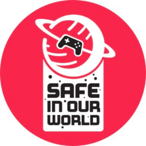 The logo of Safe in Our World is a shield-shaped design featuring the phrase "Safe in Our World" in prominent white lettering against a red backdrop.